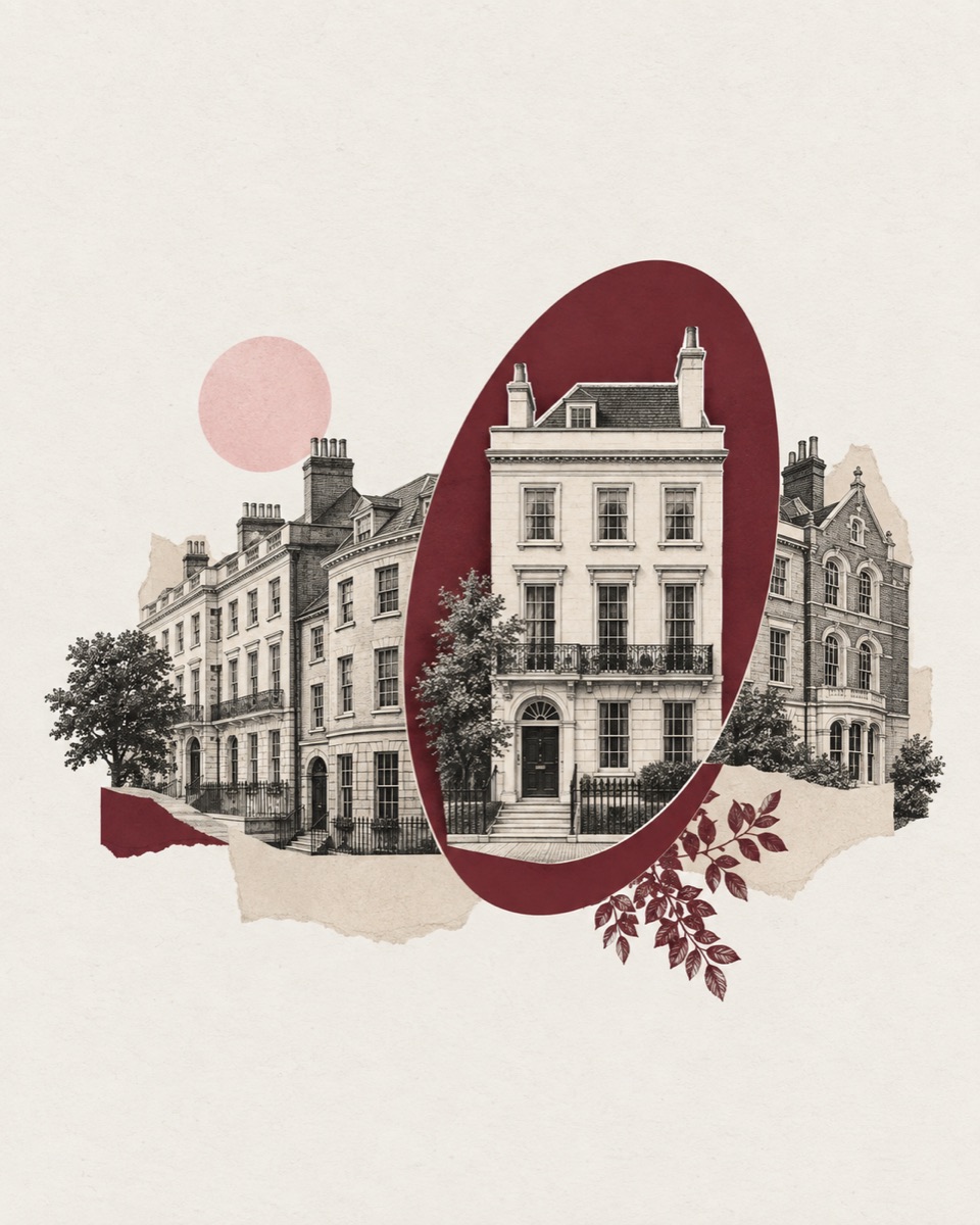 Illustrated British townhouses, with one highlighted in burgundy
